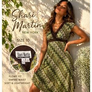Shari Martin Dress Size 10 Green Abstract Print Empire Waist Midi
